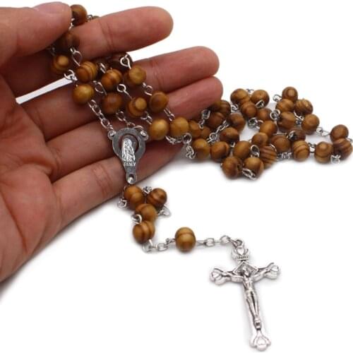 Retro Wooden Rosary Beads Necklace for Women Cross Jesus Pendant Religious Gifts