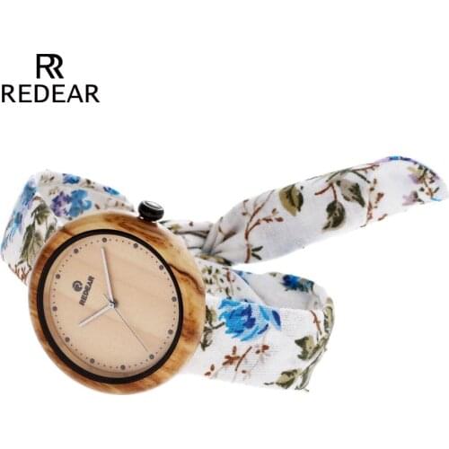 REDEAR Olive Wood Watch Women with Flower Cloth Strap 2019 Japanese Quartz Movement Sport Watch As Girl Daughter Mum Gifts