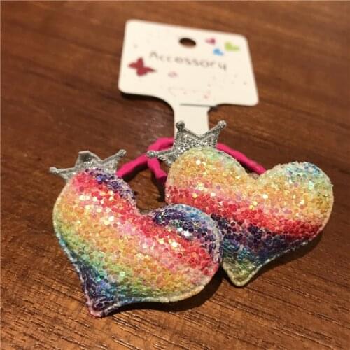 2pcs/set Heart Shaped Rainbow Elastic Hairband Rubber Hair Rope Glitter Fabric Hair Ring DIY Accessories Girl Headwear Baby Gift