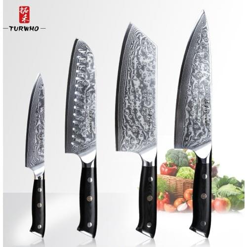 TURWHO 4 Pcs Professional Kitchen Knives Sets 67 Layers Damascus Steel Knives Super Sharp Chef Cleaver Santoku Utility Knife Set