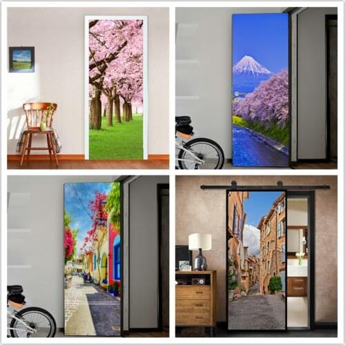 Waterproof Door Poster Fuji Cherry Blossom Forest Home Decor Wallpaper Door Sticker For Living Room Study Fake Bookshelf Mural