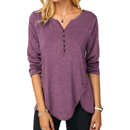 Women V Neck Long Sleeve Button Solid Color Tunic T Shirt Fashion Casual Loose Plus Size Cotton Irregular Pullover Tops