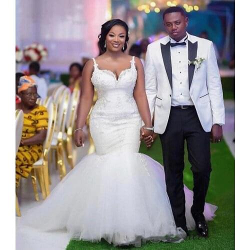 Sexy Straps White Mermaid Wedding Dresses Africa New Fashion Elegant Bride Marriage Gowns Lace Appliques Beading Bridal Gowns