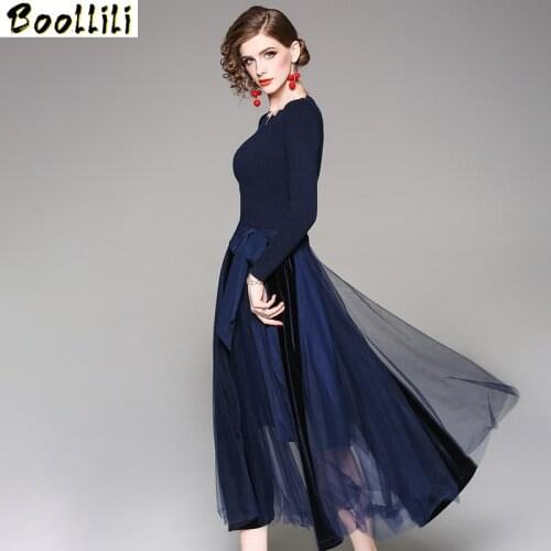 Spring Autumn Knitted Dress Women Clothes 2020 Vintage Velvet Maxi Dress Elegant Ladies Dresses Mesh Blue Dress Vestidos