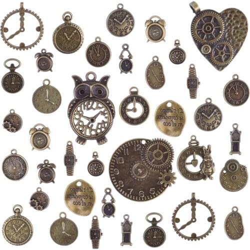 100 Gram(Approx 38pcs) Mixed Clock Watch Face Charms Alloy Necklace Pendant Jewelry Making Steampunk Accessories, Antique Bronze
