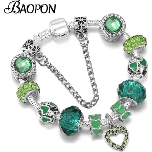 2021 Classic European Style Charms Bracelet With Green Cryatal Heart Beads DIY Bracelets Bangle For Women Men Lover Jewelry Gift