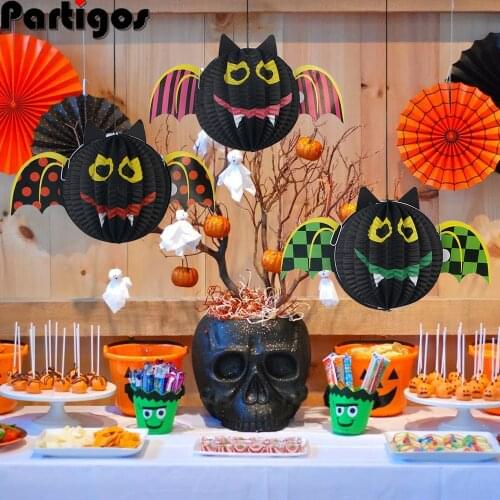 3pcs Halloween Party Decoration Supplies Spider Ghost Bat Honeycomb Balls Hanging Paper Fans for Kids Adult Birthday Baby Shower