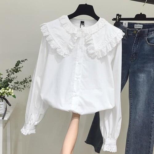 Blouse Women Shirt 2021 Spring Stitching Long-Sleeved White Womens Loose Top Large Lapel Baby Shirt Blusas Mujer De Moda