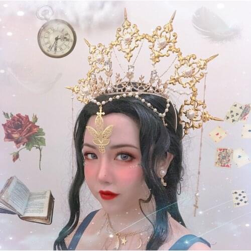 Church Angel Hanfu Ornament Goddess Pearl Chain Hair Crown Cosplay Headdress Retro Lolita Virgin Halo Aperture Apollo Sun Halo