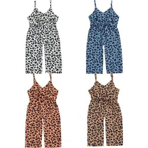1-6Y Kids Girls Leopard Rompers Pants Sleeveless V Neck Belt Summer Jumpsuits 4 Colors