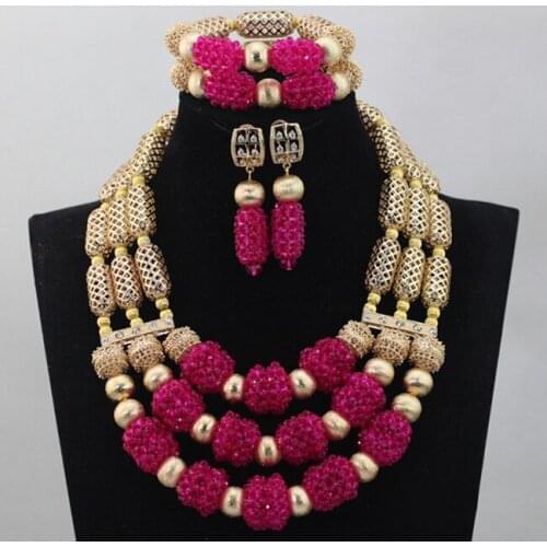 Hot Sale Fuchsia Pink Crystal Nigerian Wedding Beads Jewelry Set African Christmas Jewelry Set Free Shipping QW131