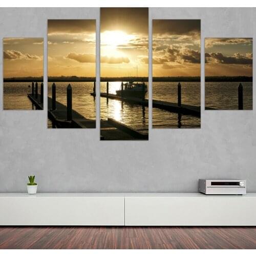 Pictures Home Decor Painting Wall Art Modular Poster 5 Panel Sunset Lake Scenery HD Printed Modern Canvas Framework Living Room