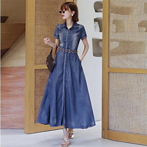 Summer Womens Denim Dress 2020 Vintage Women Dresses Short Sleeve Detachable Belt A-Line Female Vestidos K82220 Vestido
