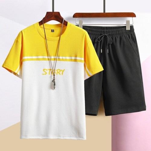 Summer Pullover Short Sleeve Color Patchwork Mens T-Shirts Solid Drawstring Waist Shorts Male Sports Casual 2Pcs Sets Plus Size