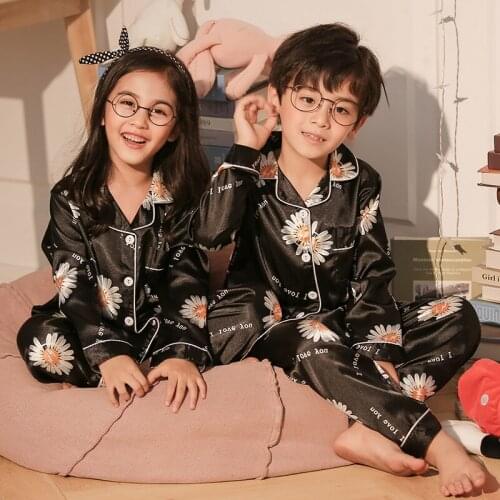 Hot sale Childrens Kids Pyjamas Silk Satin Tops Pant Autumn Winter Long Sleeve Sleepwear Nightwear Girl Boy Pajama Sets
