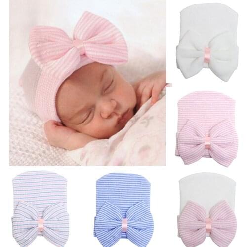 Cute Newborn Hat Striped Bow Toddler Beanie Soft Warm Baby Girls Cap Candy Color Princess Accessroy Hat