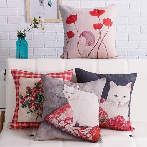 45x45cm cotton linen cat print pillow case decorative bohemian geometric cushion cover sofa decor flower waist pillow cover