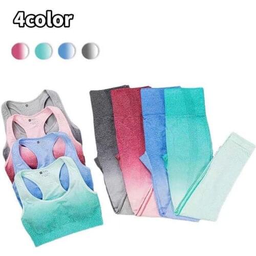 New Ombre Seamless Women Yoga Set Workout Sportswear Gym Clothing Fitness Bra Crop Top High Waist Leggings Sport Suit Tracksuit