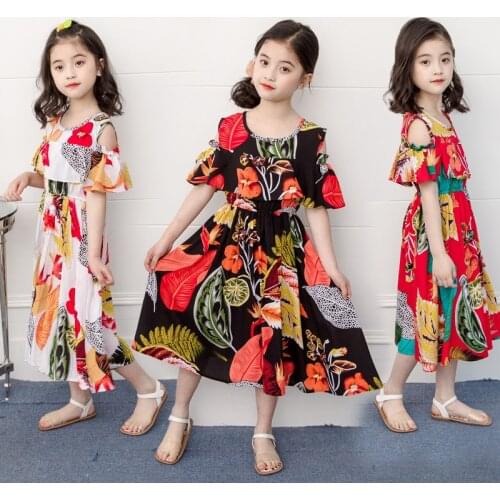 Girls Dress 2021 New Summer Fashion Bohemian Korean Style Beach Holiday Flower Print Flare Sleeve Sweet Princess Dresses 4-8Y