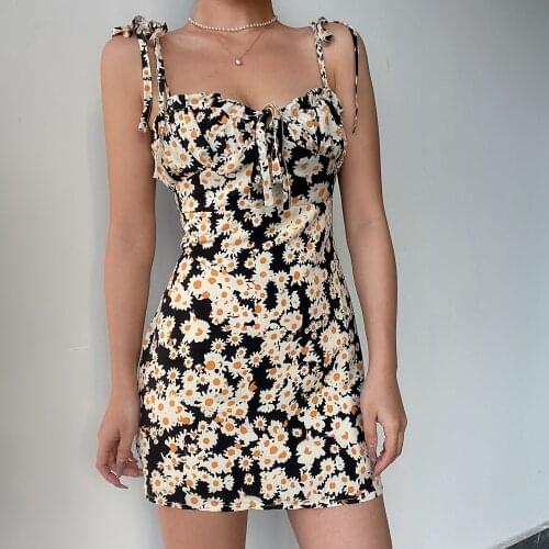 Summer Retro Boho Women Tie Neck Daisy Floral Print Floral Mini Sexy Black Dress Elegant Spaghetti Straps Dresses Vestidos 2021