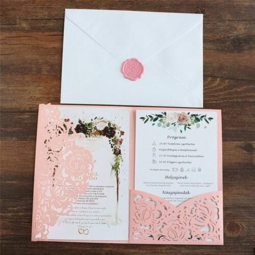 Pink Invitation Decorative Card For Wedding Anniversary Party Rose Laser Cutting Tri-Folded Pocket Customized Inserts Printing