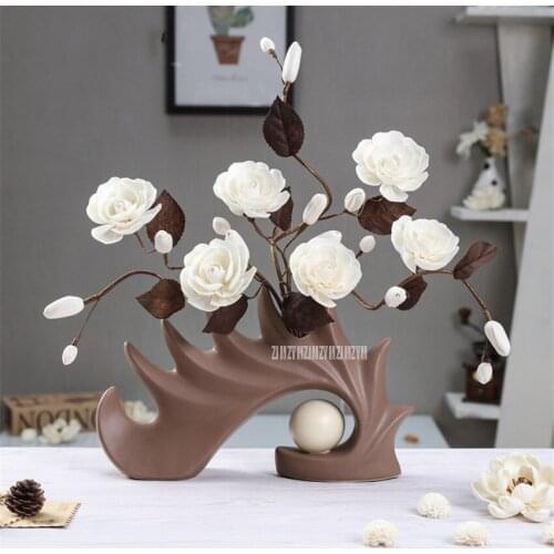Modern Nordic Simple Ceramic Vase Ornaments Dried China Rose Flower Living Room Coffee Table Hotel Home Furnishing Decro Y-5/310