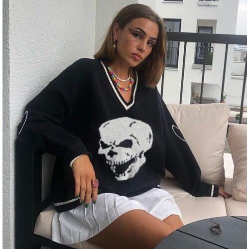 European and American style skull sweater womens jacket for fall winter 2021 new V-neck sweater women pullover fashion sweater