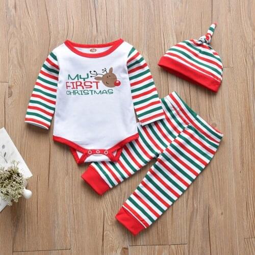 TELOTUNY 3Pcs Christmas Newborn Kids Baby Girls Boys Cartoon Elk Print Romper+Pants+Hat Outfits Fashion Winter Clothes Set