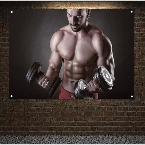 Workout Banner Flag Wall Art Fit Muscular Man Exercising With Dumbbell Exercise Poster Canvas Painting Tapestry Gym Decoration