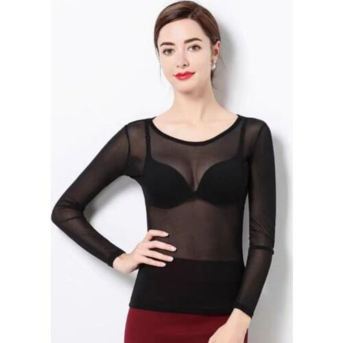 Spring Summer Gothic Black Vintage High Elastic See Through Mesh Under T Shirt High Street Office Lady Basic Tee Shirts Top