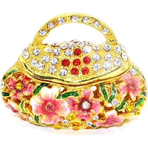 Vintage Trinket Jewelry Box Holder Bling Crystal Flower Purse Figurine Handbag Shaped Mother`s Day Home Decor Figurine Ornament