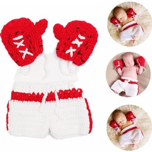 2Pcs/Set Newborn Photography Props Infant Crochet Knit Cute Boxing Clothes Gloves And Pants Suit Baby Photo Costume