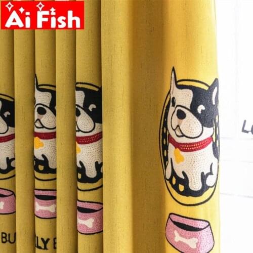 British Nordic Yellow Puppy Cartoon Cotton and Linen Embroidery Blackout Curtains For Childrens Bedroom Dog Paw Tulle MY259#5