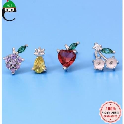 ElfoPlataSi 925 Sterling Silver Small Fruit Grapes Pineapples Cherries Stud Earring For Women Girl Fine Silver 925 Jewelry ED471