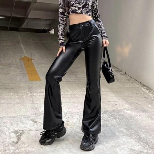 Womens Fashion Sexy Solid Color High Waist Flare Skinny Leather Pants Black