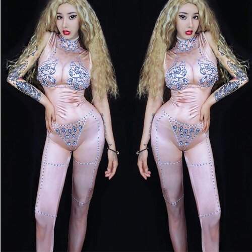 Nightclub Singer Crystal Bodysuit Sexy Nude Rhinestone Sleeveless Jumpsuit Dancing Costumes Womens Dj Stage Show Wear DNV10698