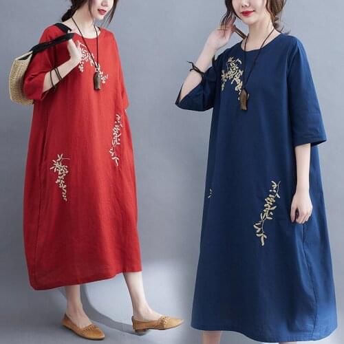 Ladies Chinese Style Cotton Linen Thin Retro Short Sleeve Floral Embroidery Long Robes Fashion Loose Soft Tang Suits Plus Size