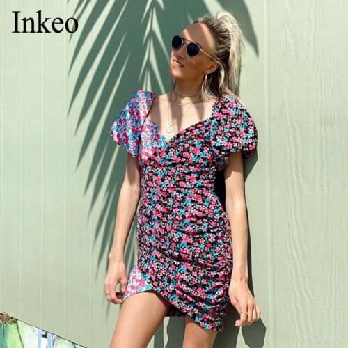 Irregular Patchwork Women Floral print Dresses Bodycon 2020 Summer Short sleeve V-neck Female Mini dress Elegant INKEO 9D184