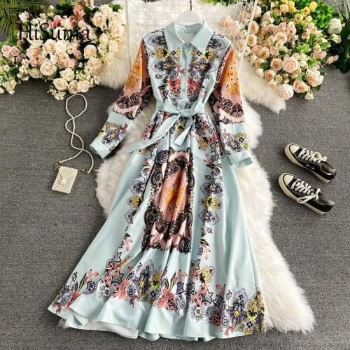 2021 spring new women print stand collar lantern sleeve chiffon dress female Vintage palace style A-line dresses