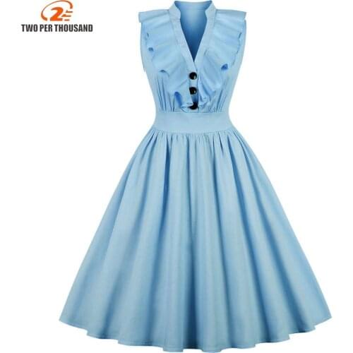 S-4XL Women Autumn Vintage Dress Rockabilly V-Neck Sleeveless Cotton Pin Up Dress Ladies Button Up Ruffles A-Line Party Dresses