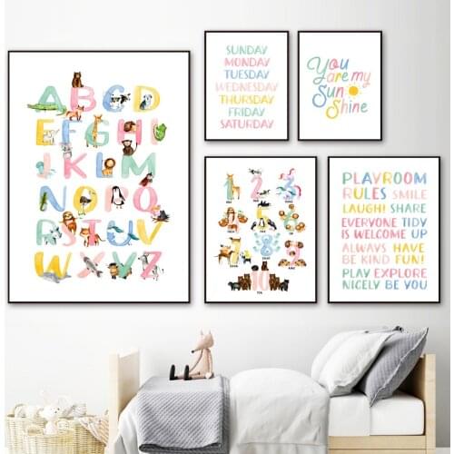 Animal World Map Cartoon Alphabet Number Nordic Posters And Prints Nursery Art Canvas Painting Wall Pictures For Kids Room Decor