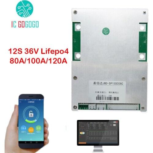 12S 36V Smart BMS Lifepo4 3.2V Lithium Battery Protection Board PC Phone Bluetooth APP 80A 100A 120A Pack Balance SOC Coulometer
