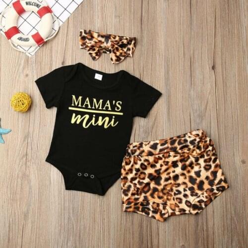 3PCS Newborn Kids Baby Girl Outfits Clothes Romper Bodysuit+Leopard Shorts Set Letter Short Sleeve Girl Clothing