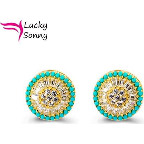 Brazil Joyeria Silver Jewelry White CZ Brincos Micro Paved Gold Color Aretes Screw Back Stud Earrings Round Pizza Stud Earrings