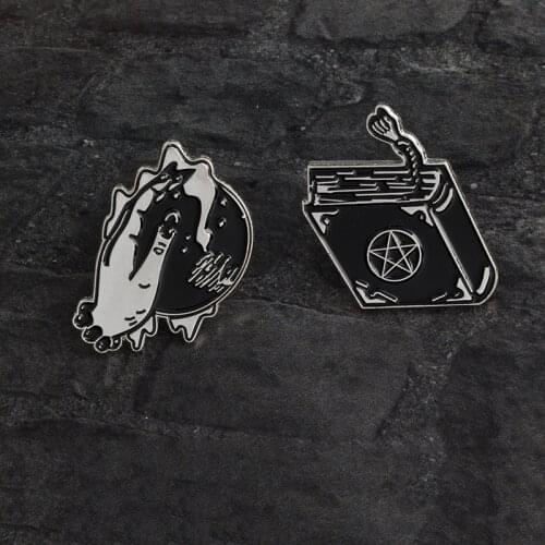 Black Witch Pins Spell book Magical Crystal ball Hand Brooches Enamel Dark Punk Lapel Pin Button Badge Jewelry Gift for witches