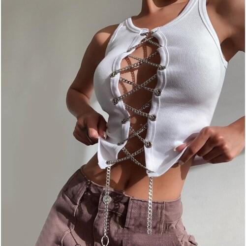 Black&White Fashion O-neck Chain T-shirt 2021 Lady Hollow Out Sexy Patchwork Crop Top Summer Tank Top Basic Slim Tees Streetwear