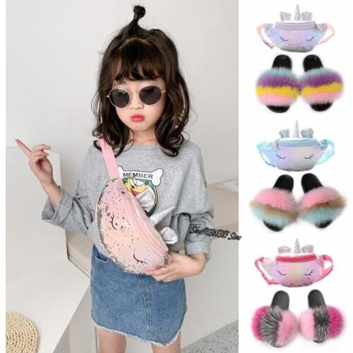 Childrens Cartoon Cute MiNi Waist Bags Sets Fashion Diagonal Bag Girls Fluffy Plush Slippers Kids Fox Fur Slides Home Shoes