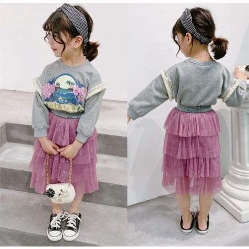 Girl Baby Clothing Sets Korean Fashion Print Long Sleeve Sweatshirt Cake Skirt 2pcs 2 3 4 5 6 Years Toddler Girls Clothes Suit