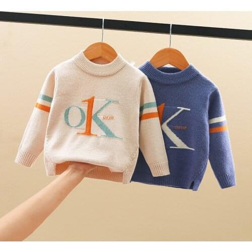 Kids Autumn Childrens Sweater Fashion All-match OK Letter Pattern Pullover O-neck Casual Knitted Sweater