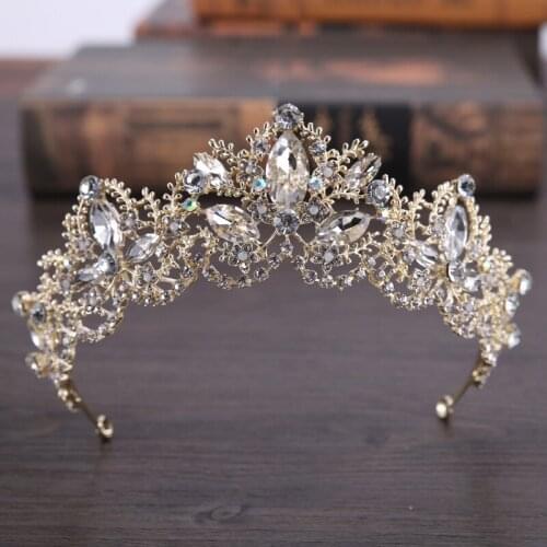 DIEZI Fashion Baroque Luxury Crystal AB Bridal Crown Tiaras Light Gold Diadem Tiaras for Women Bride Wedding Hair Accessories